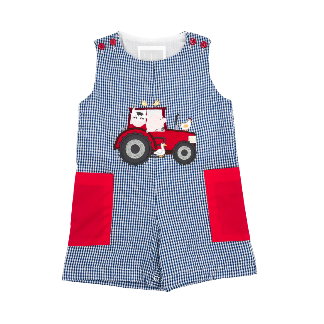 Blue Gingham Farm Animal Tractor Pocket Shortalls