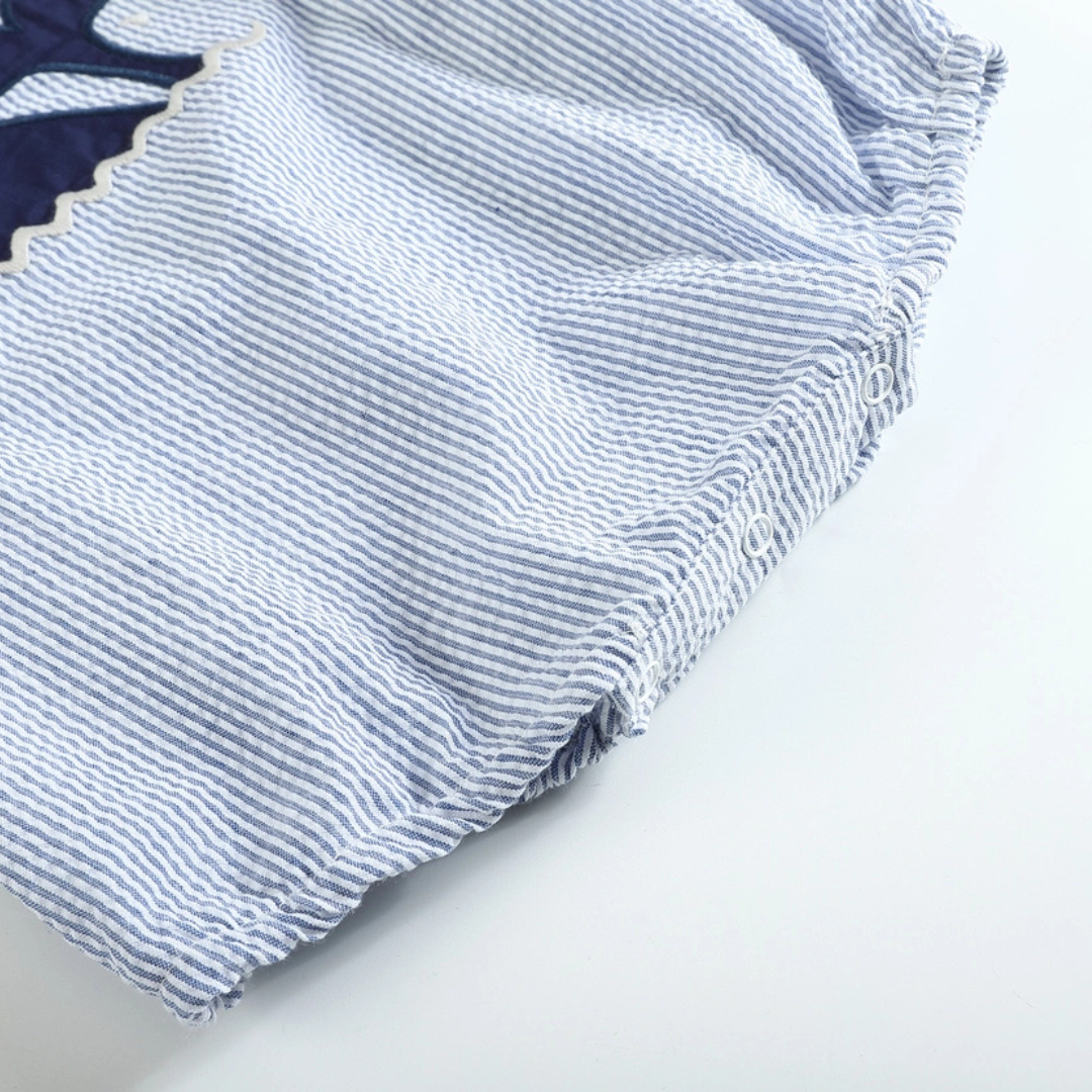 Blue Seersucker Whale Applique Bubble Romper
