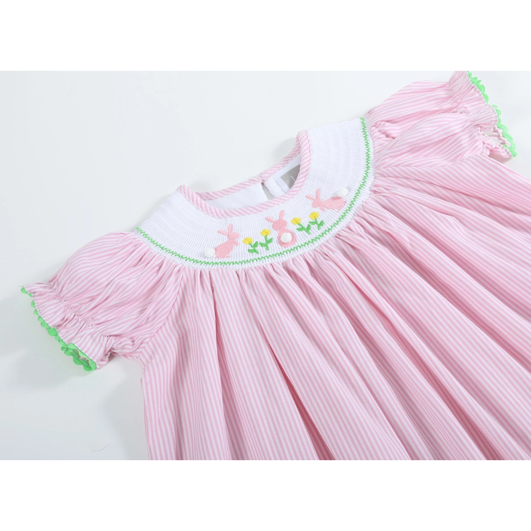 Pink Pinstripe Pom Pom Bunny Smocked Bishop Dress