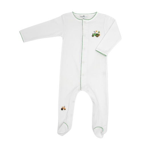 Tractor Time Green Embroidered Footie