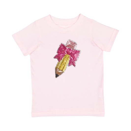 Pencil Bow Sequin Patch Short Sleeve T-Shirt