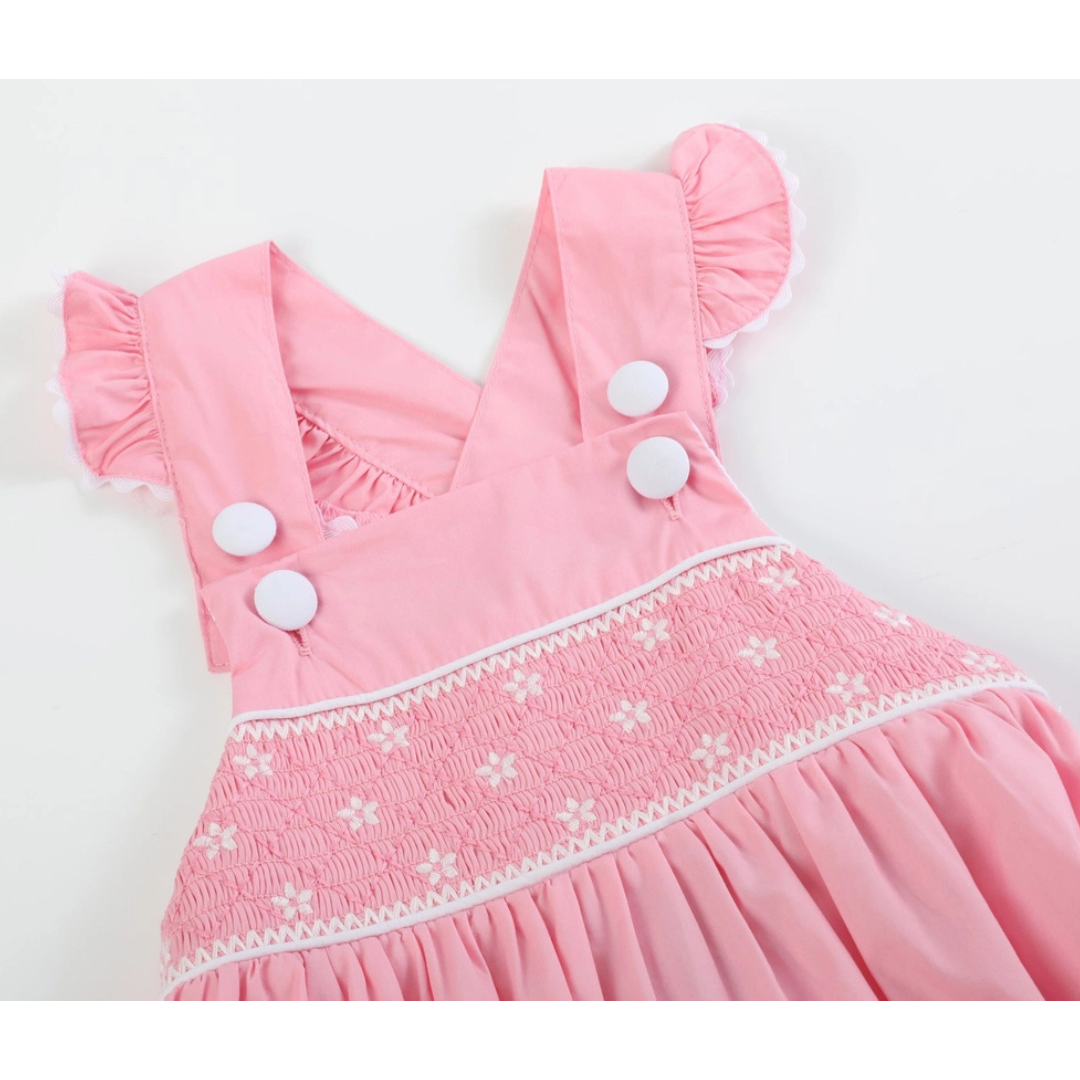 Pink and White Flower Smocked Ruffle Romper