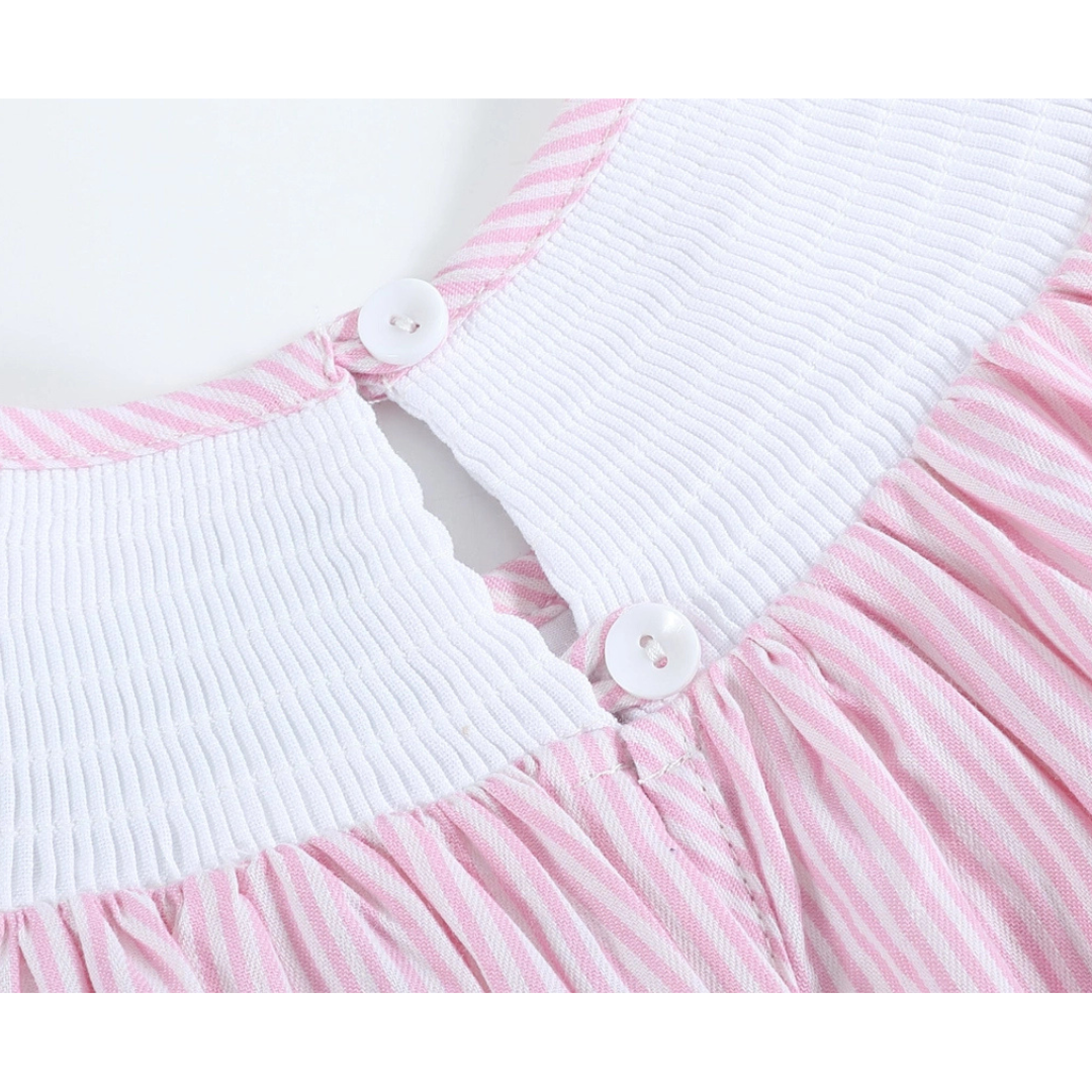 Pink Pinstripe Pom Pom Bunny Smocked Bishop Dress