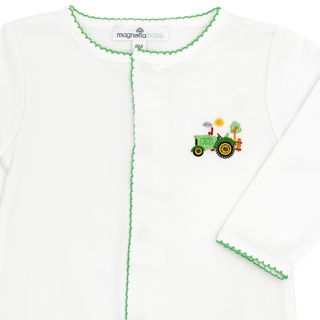 Tractor Time Green Embroidered Footie