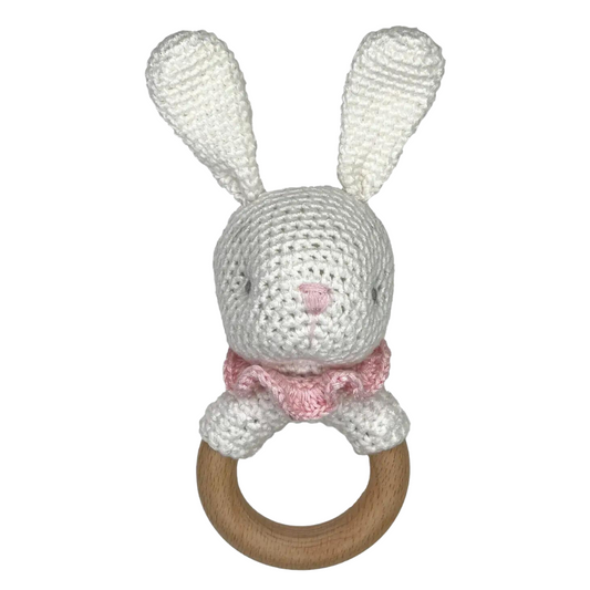 Bunny Bamboo Crochet Wood Ring Rattle with Pink Details