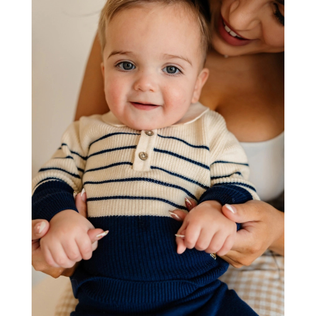 Classic Stripe Polo Sweater Knit Baby Pullover & Pant Set