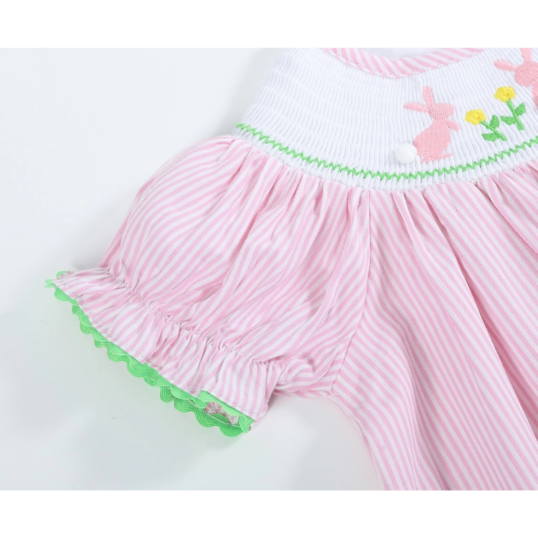 Pink Pinstripe Pom Pom Bunny Smocked Bishop Dress