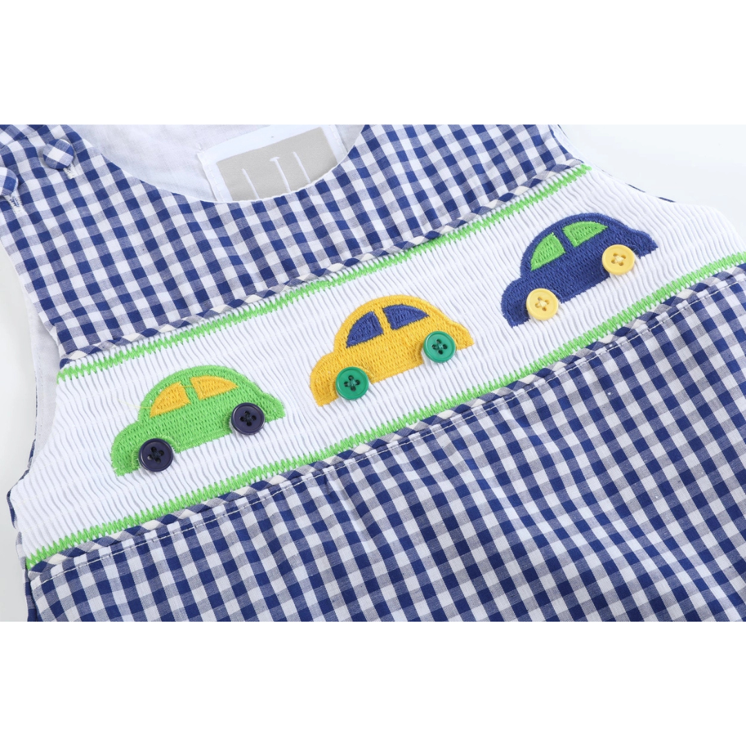 Blue Striped Car Smocked Shortalls