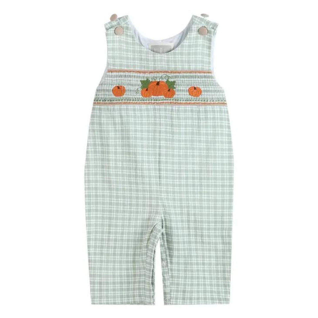 Sage Green Gingham Pumpkin Smocked Overalls