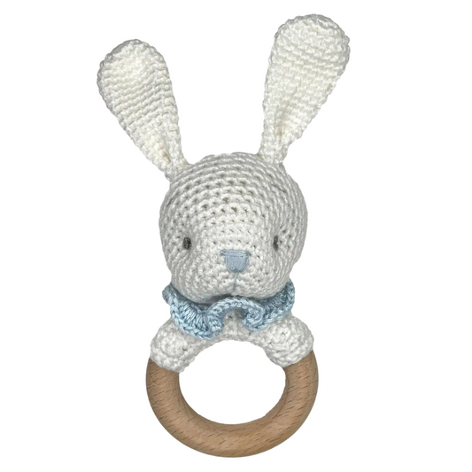 Bunny Bamboo Crochet Wood Ring Rattle with Blue Details