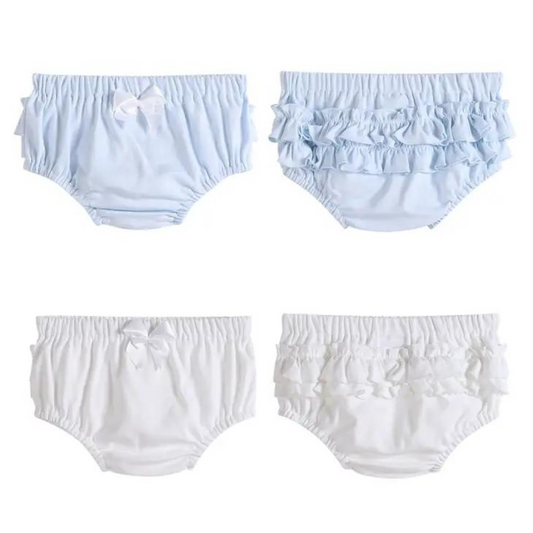 Blue and White Ruffle Knit Cotton Baby Bloomers Two-Piece Set
