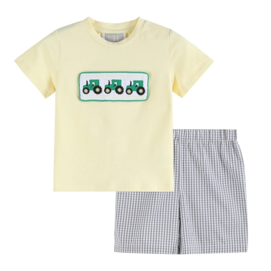 Green Tractor Smocked T-Shirt and Gray Gingham Shorts Set