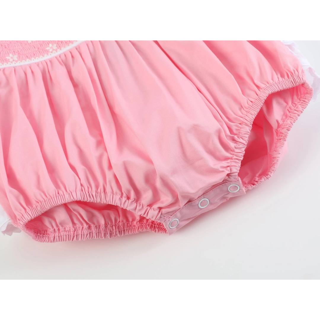 Pink and White Flower Smocked Ruffle Romper
