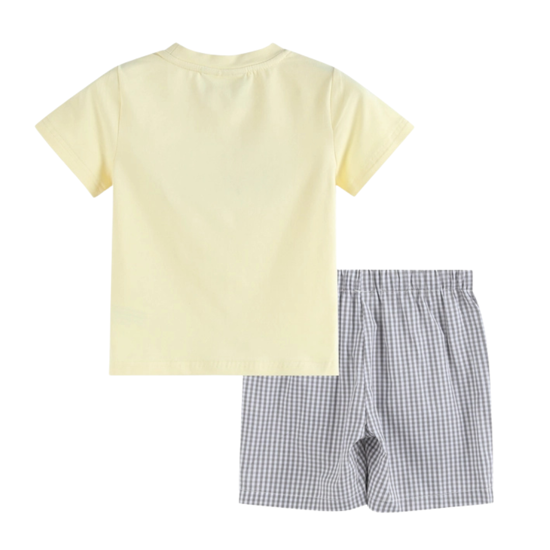Green Tractor Smocked T-Shirt and Gray Gingham Shorts Set