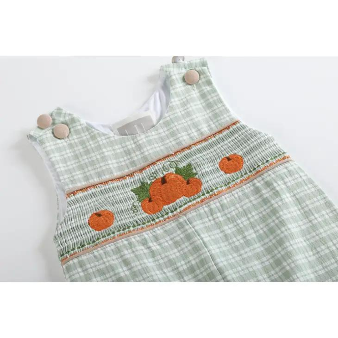 Sage Green Gingham Pumpkin Smocked Overalls