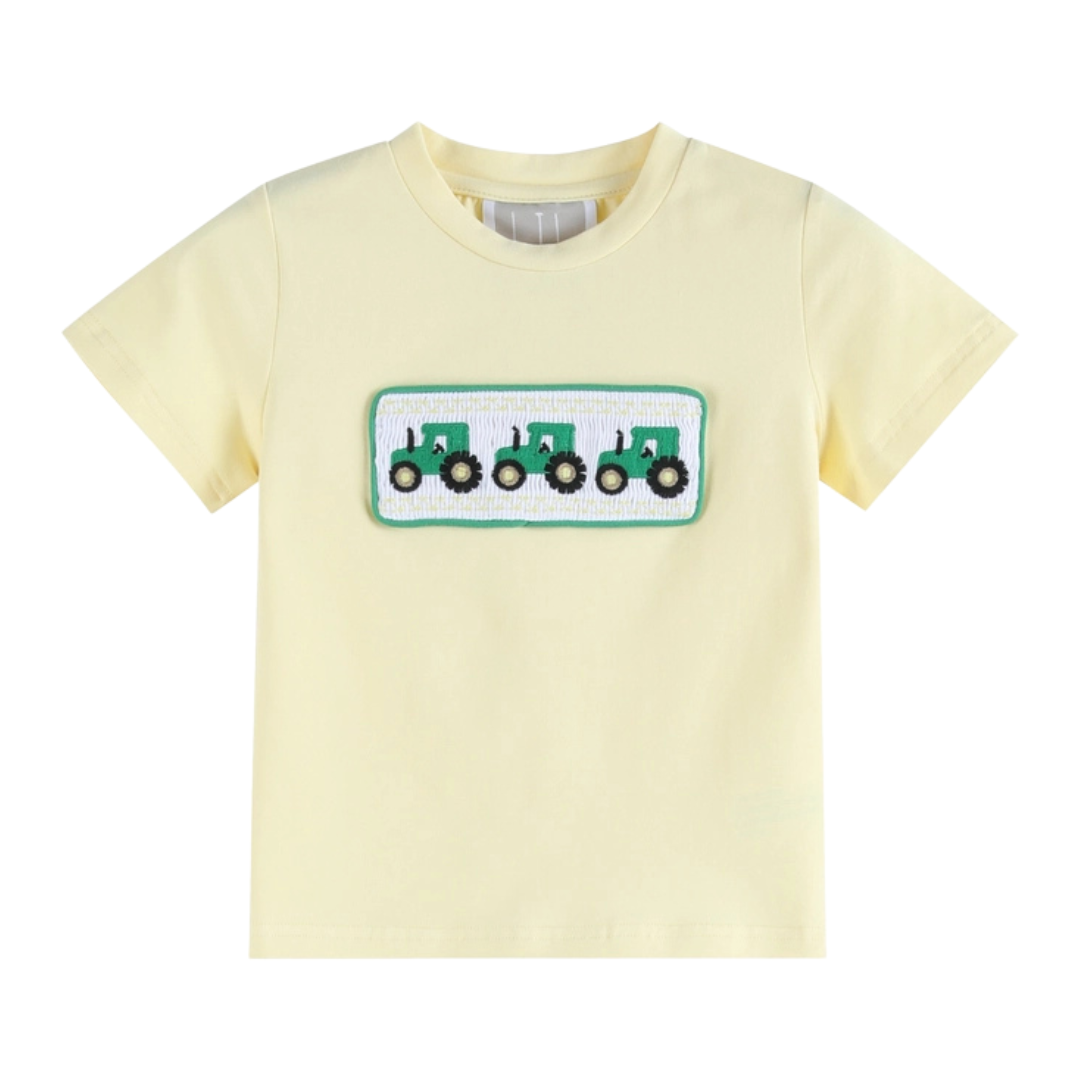 Green Tractor Smocked T-Shirt and Gray Gingham Shorts Set