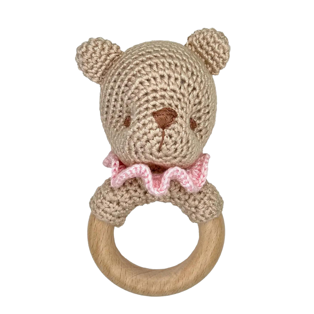 Bear Bamboo Crochet Wood Ring with Pink Details