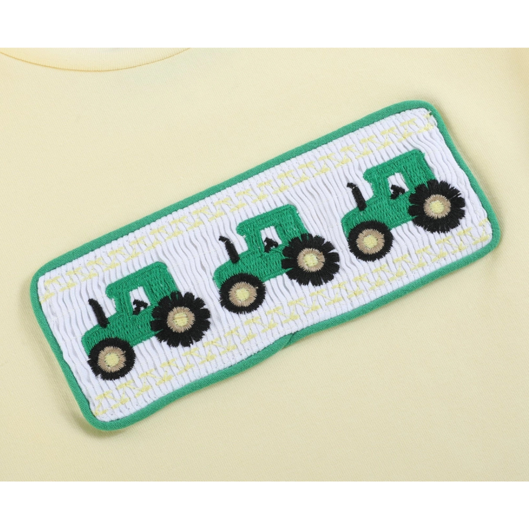 Green Tractor Smocked T-Shirt and Gray Gingham Shorts Set