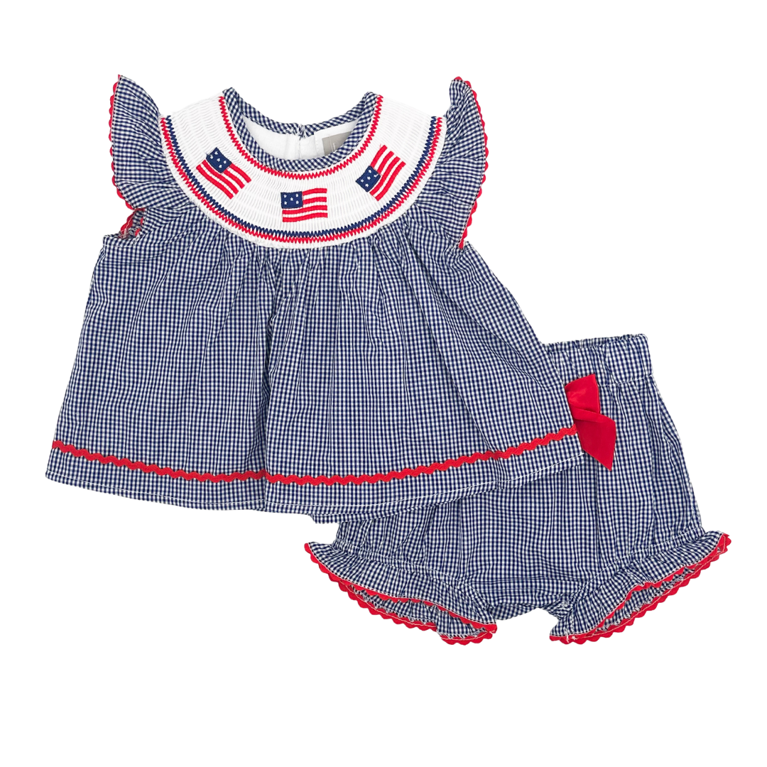 Blue USA Flag Smocked Top and Bloomer Set