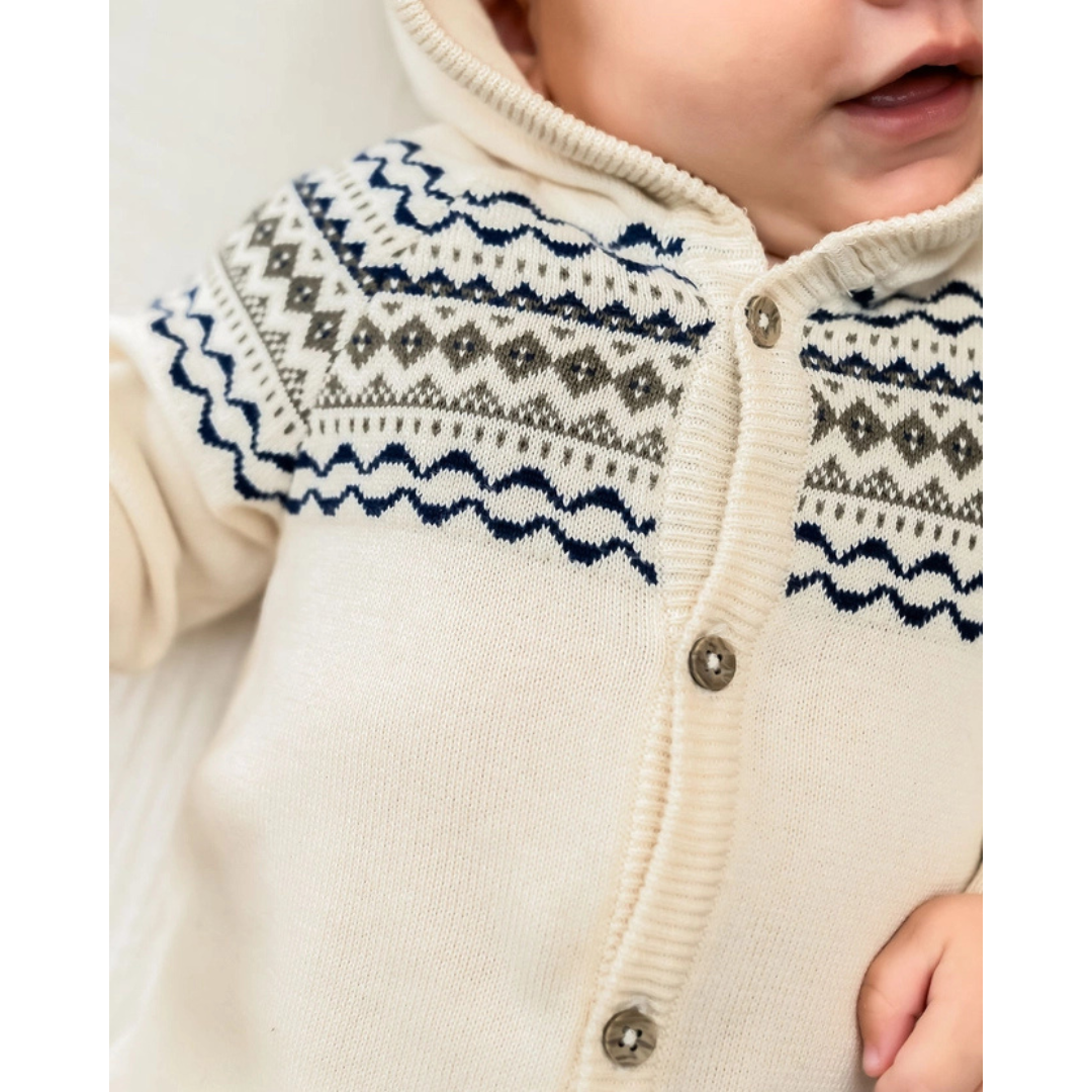Fair Isle Jacquard Sweater Knit Baby Hooded Jumpsuit