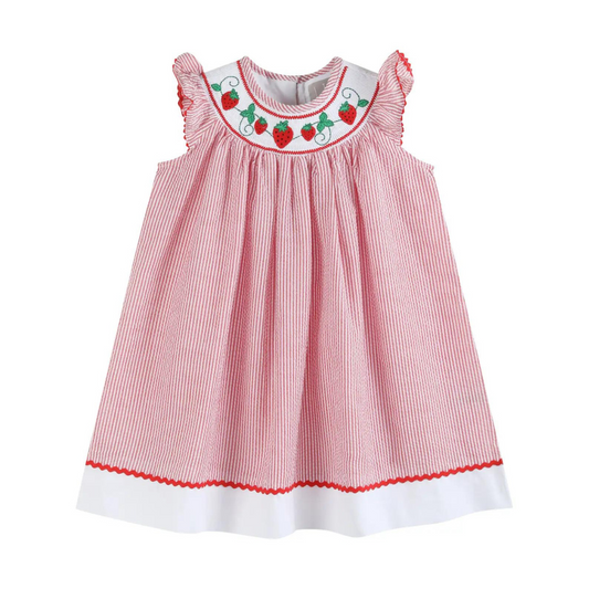 Red Seersucker Strawberry Smocked Bishop Dress