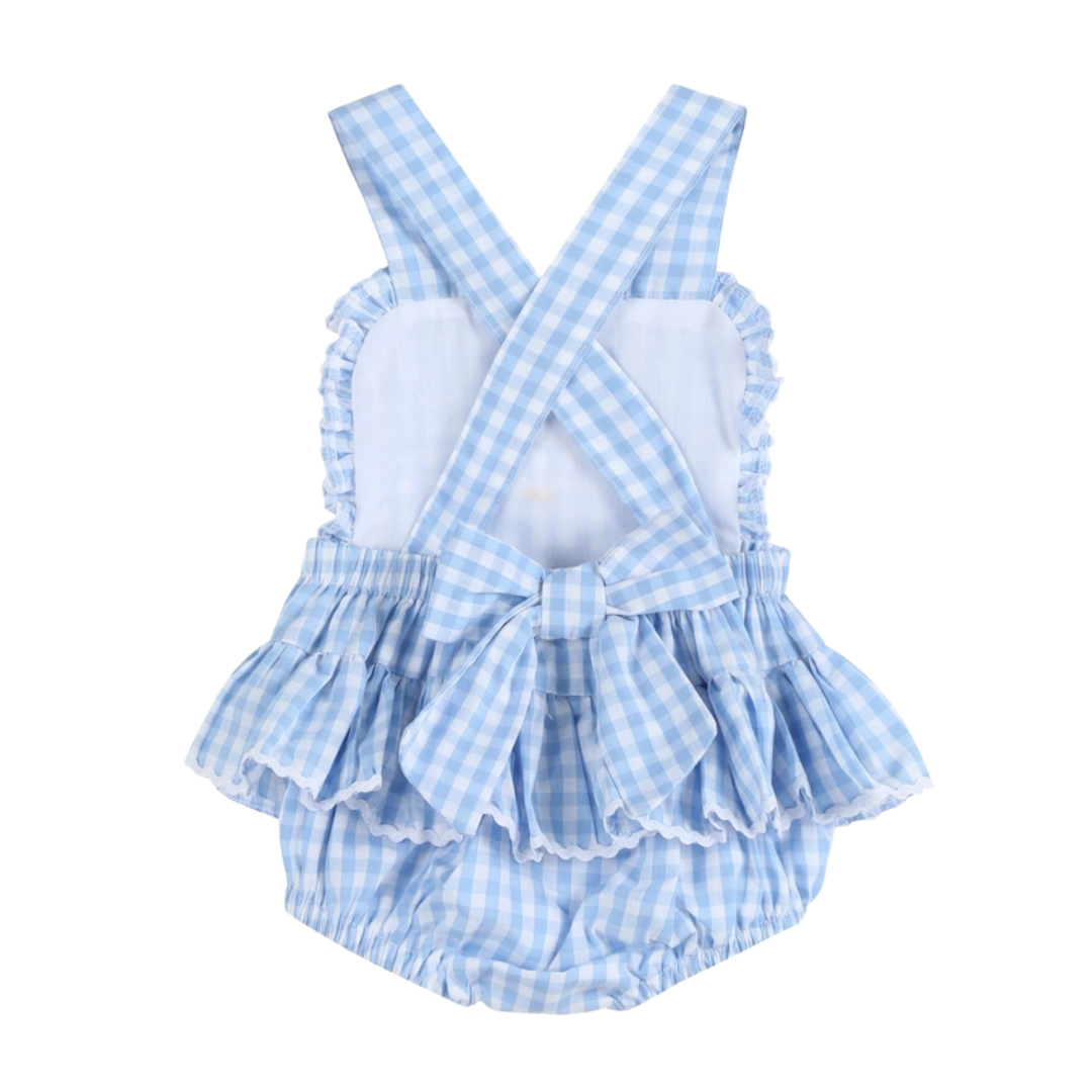 Blue Gingham Goose Lace Bow Ruffle Romper