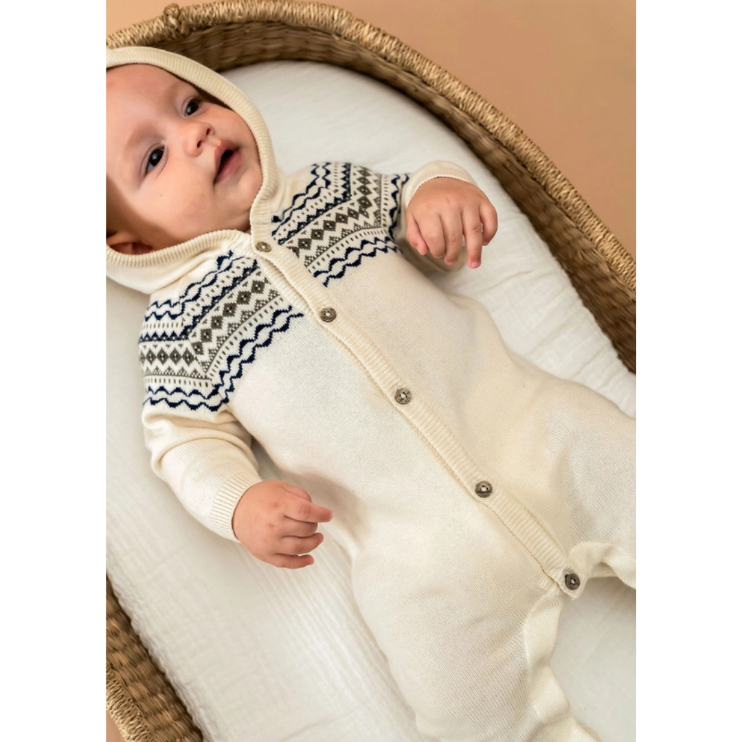 Fair Isle Jacquard Sweater Knit Baby Hooded Jumpsuit
