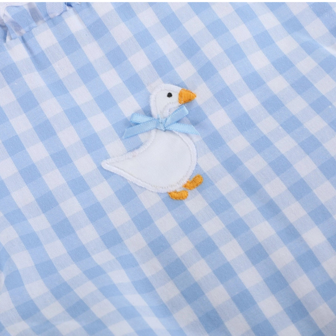 Blue Gingham Goose Lace Bow Ruffle Romper