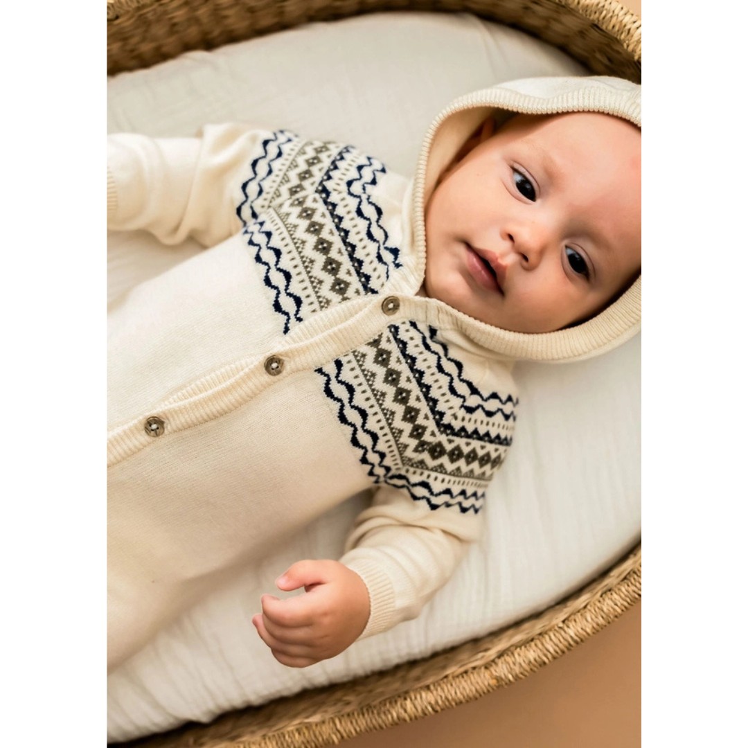 Fair Isle Jacquard Sweater Knit Baby Hooded Jumpsuit