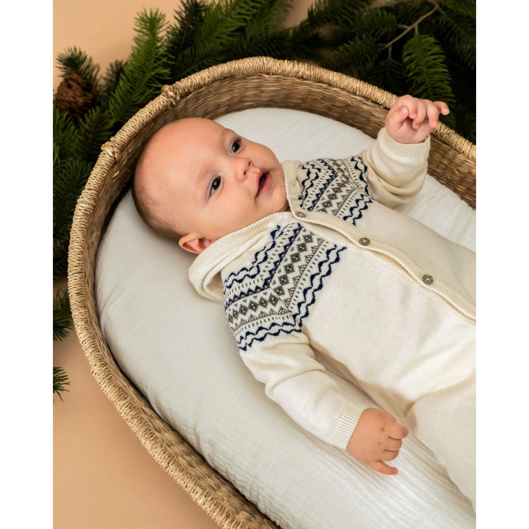 Fair Isle Jacquard Sweater Knit Baby Hooded Jumpsuit