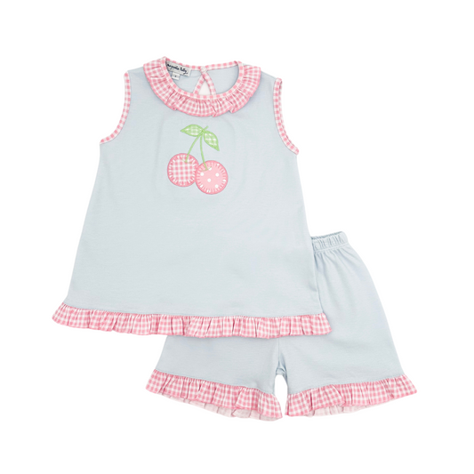 Sweet Cherry Applique Pink Ruffle Short Set