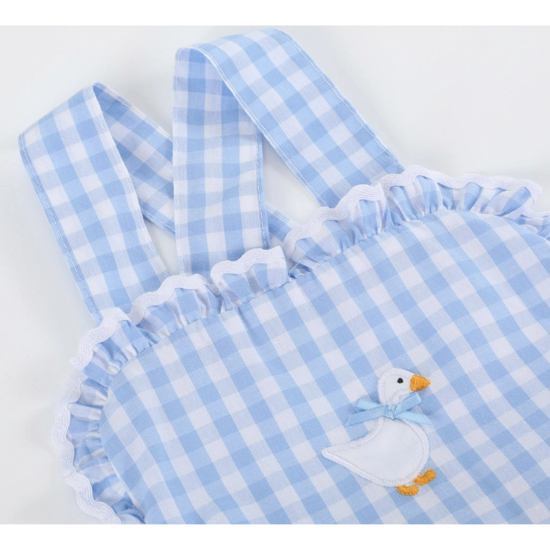 Blue Gingham Goose Lace Bow Ruffle Romper