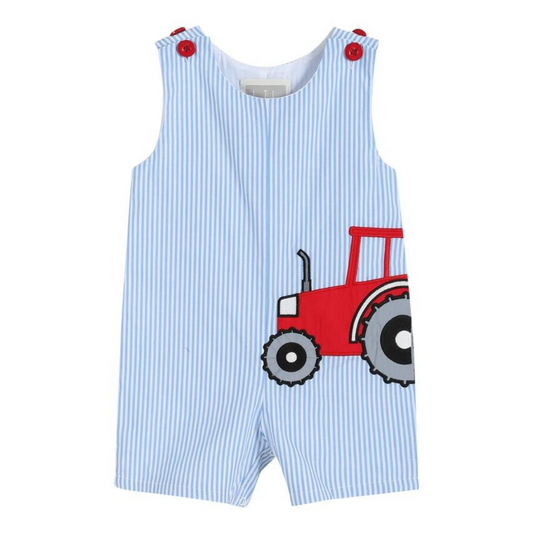 Light Blue Pinstripe Tractor Applique Overall