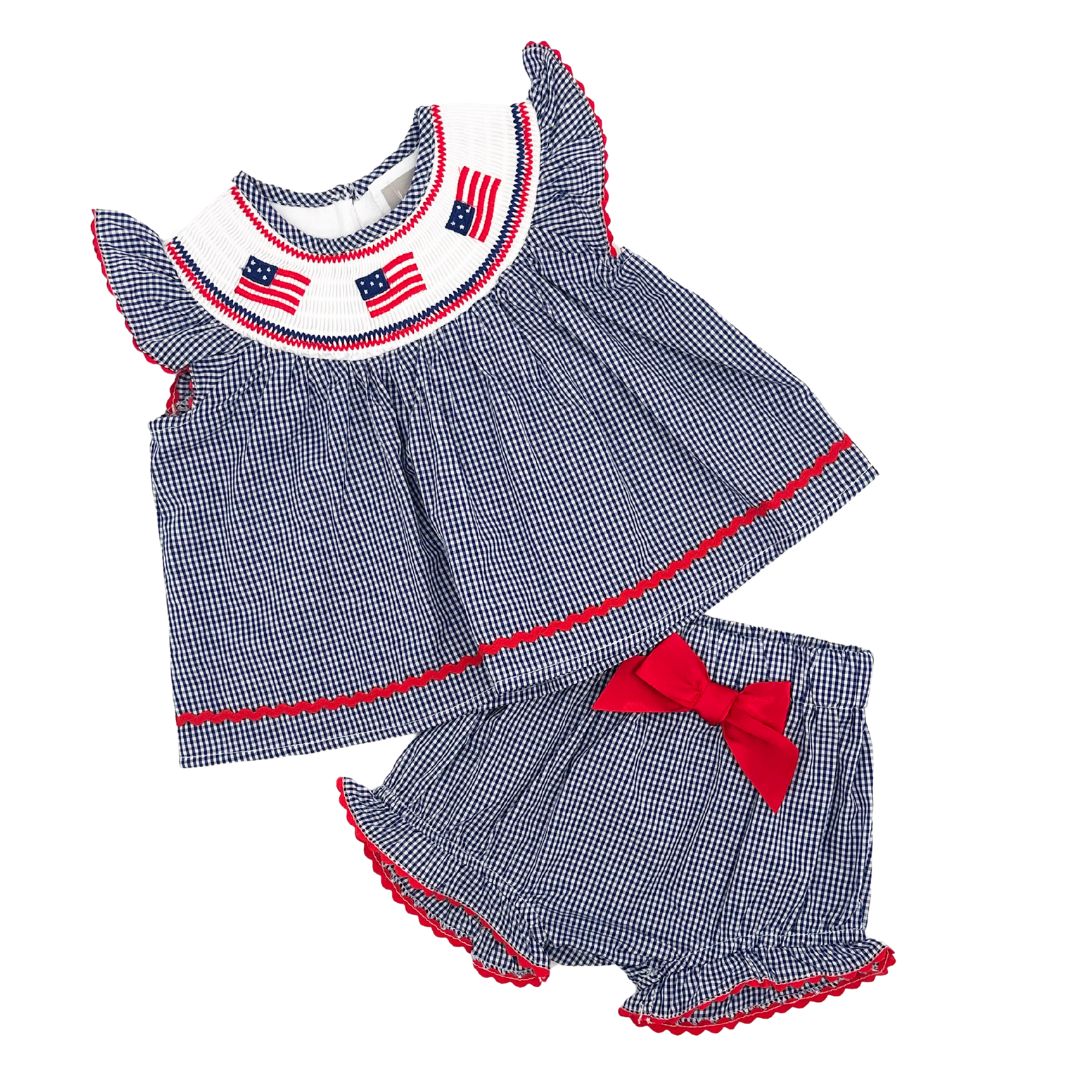 Blue USA Flag Smocked Top and Bloomer Set