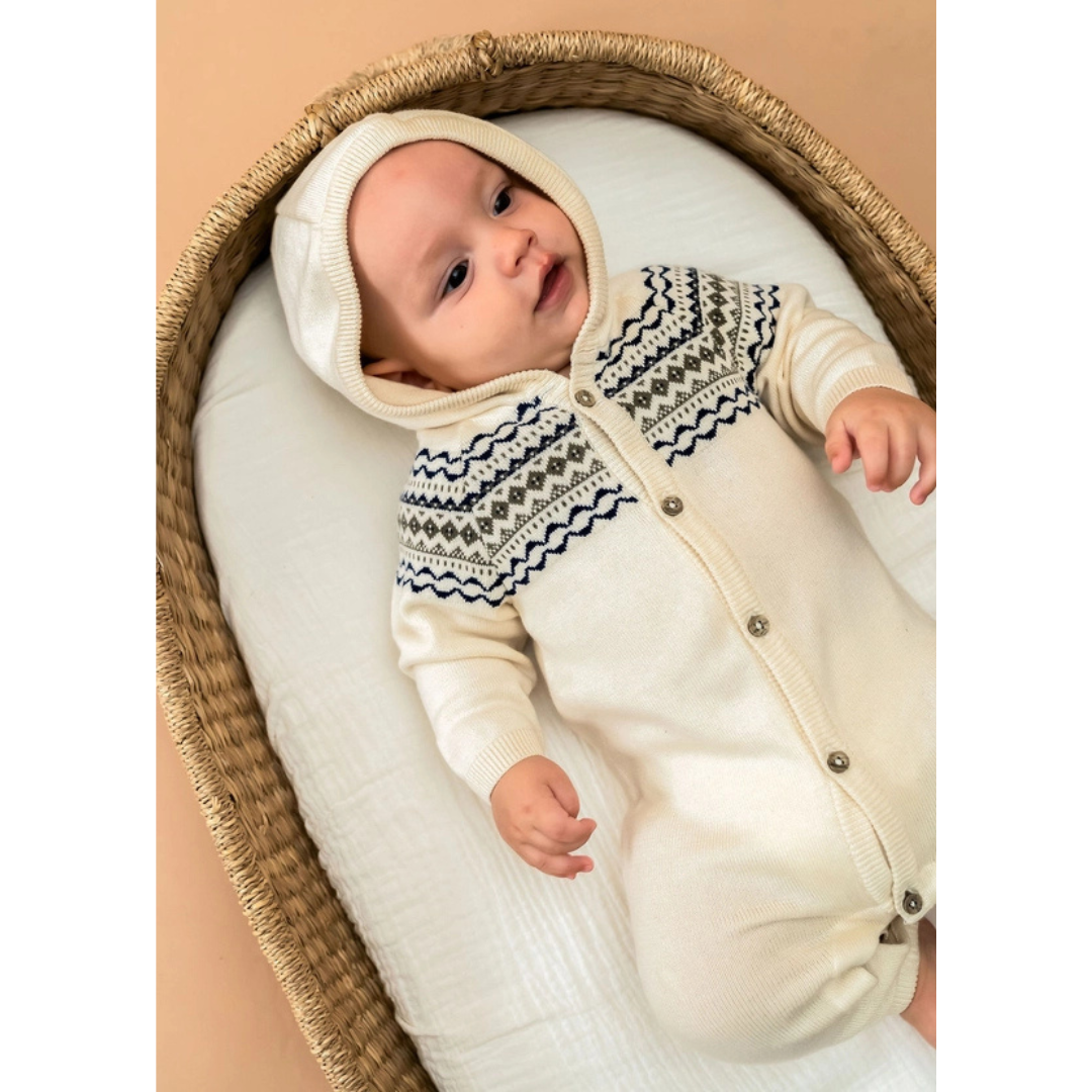 Fair Isle Jacquard Sweater Knit Baby Hooded Jumpsuit