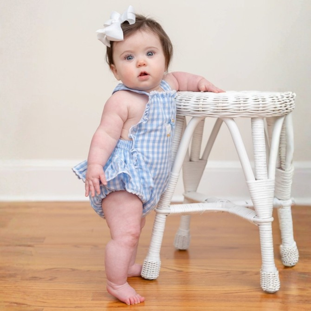 Blue Gingham Goose Lace Bow Ruffle Romper