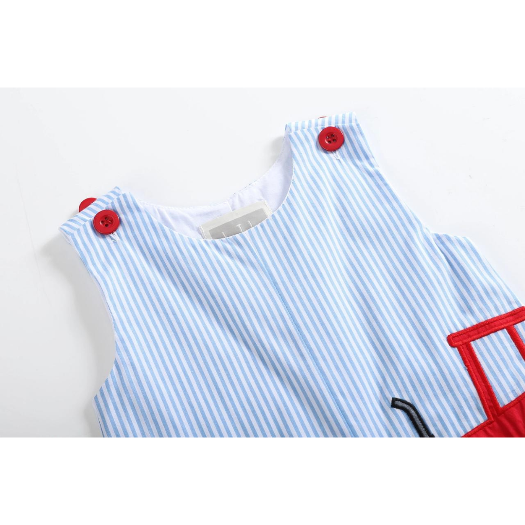 Light Blue Pinstripe Tractor Applique Overall