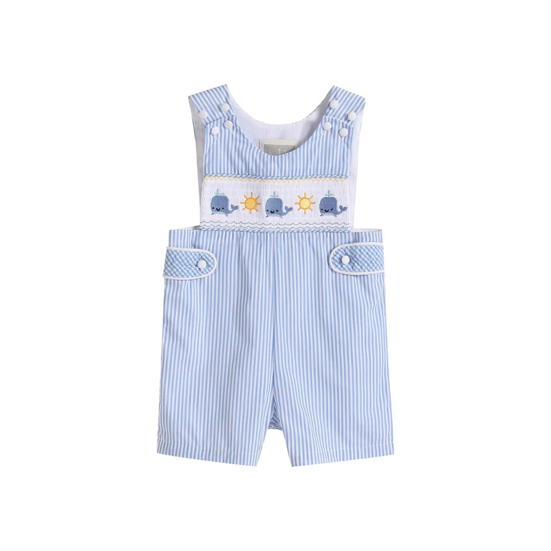 Blue Striped Whale Smocked Shortalls
