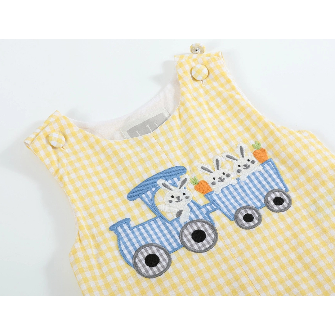 Yellow Gingham Bunny Train Shortalls