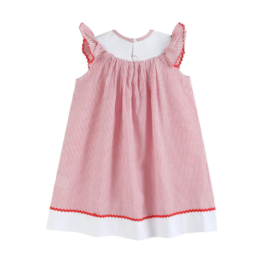 Red Seersucker Strawberry Smocked Bishop Dress