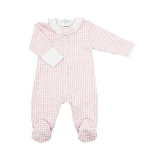 Pink Checks Pima Cotton Baby Footie with Zipper