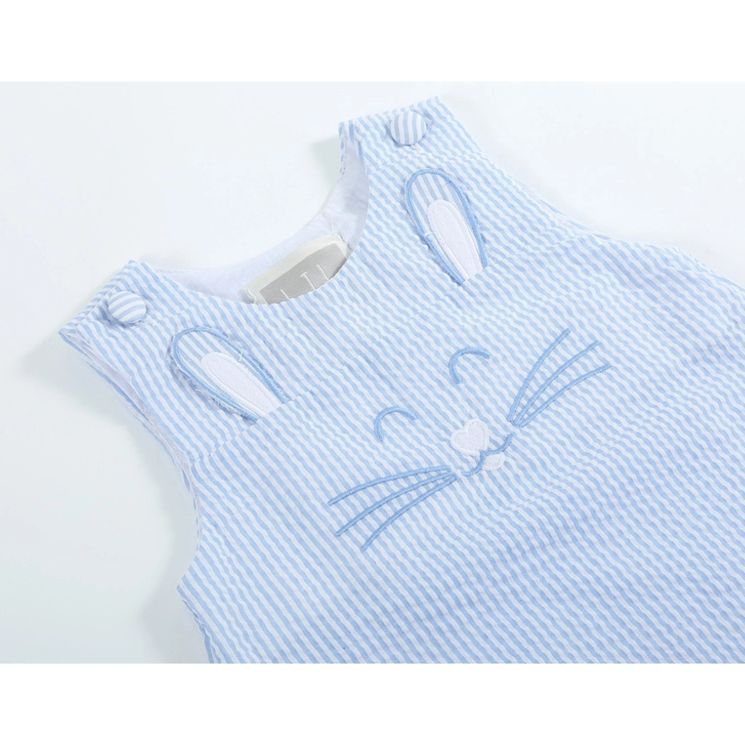 Blue Seersucker Bunny Face Shortalls