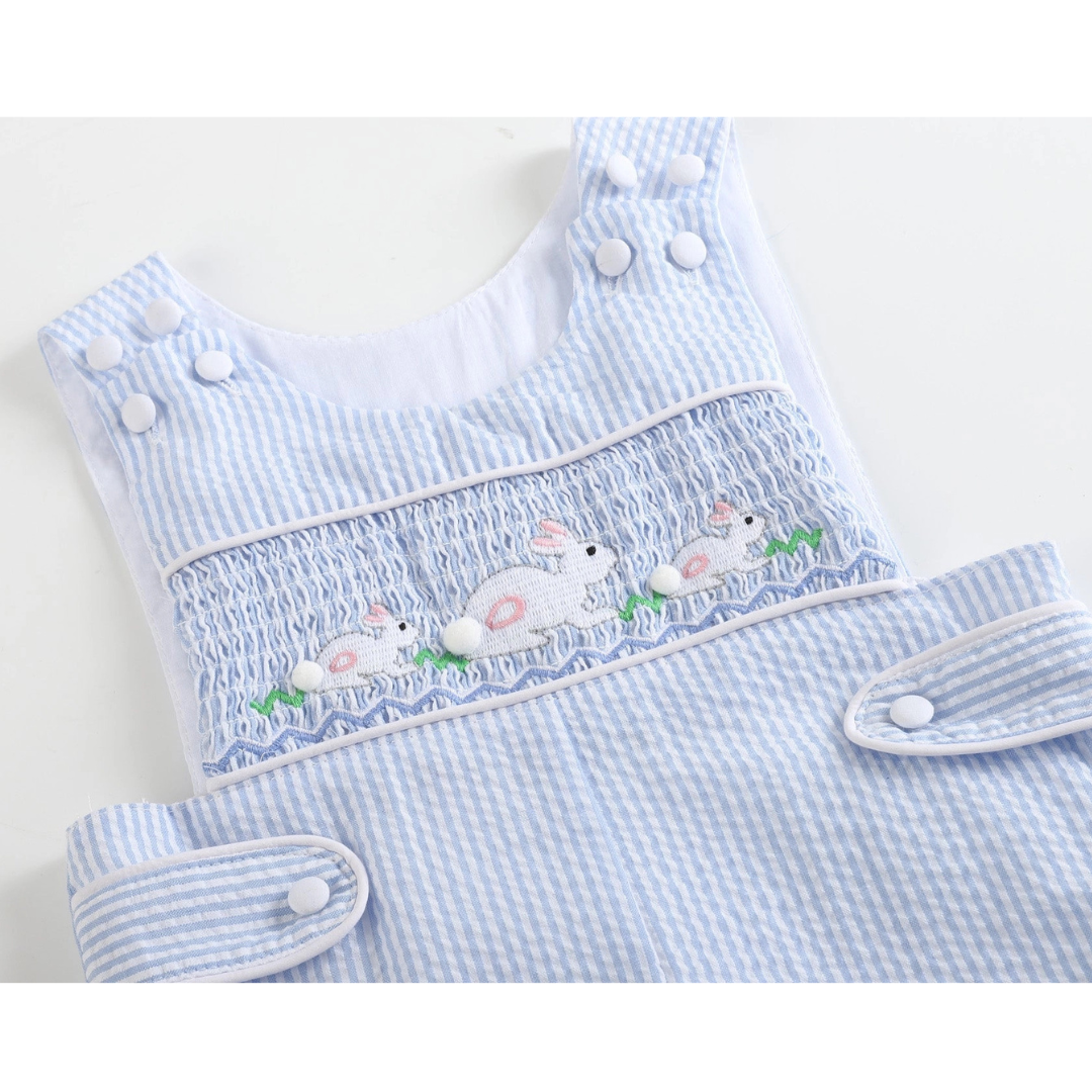 Blue Seersucker Bunny Smocked Jon Jons