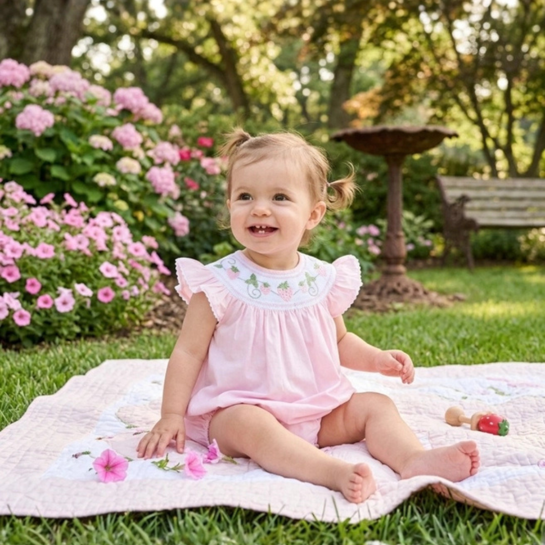 Pink Strawberry Vine Smocked Romper