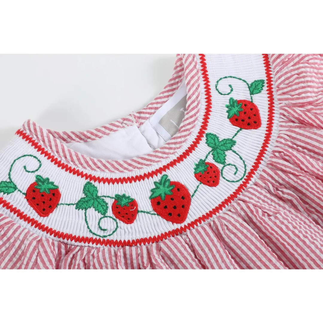 Red Seersucker Strawberry Smocked Bishop Dress