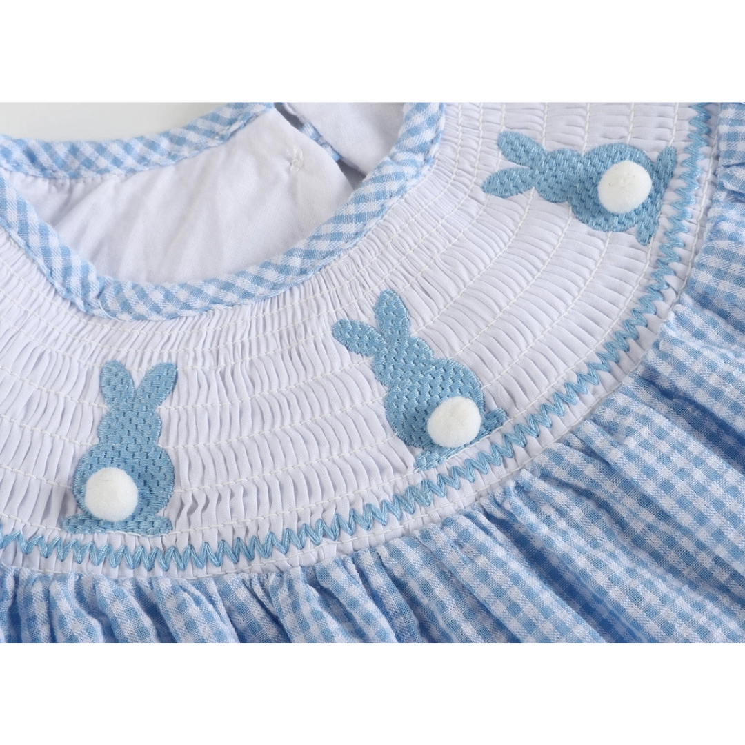 Blue Gingham Bunny Smocked Bishop Dress