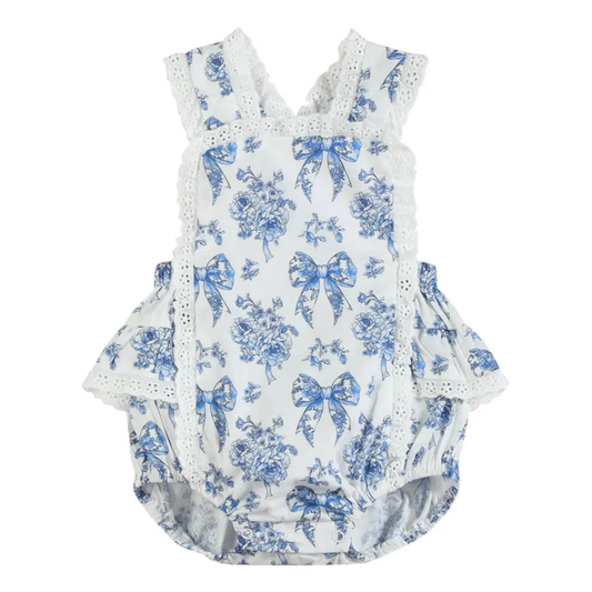 Blue and White Print Apron Ruffle Romper