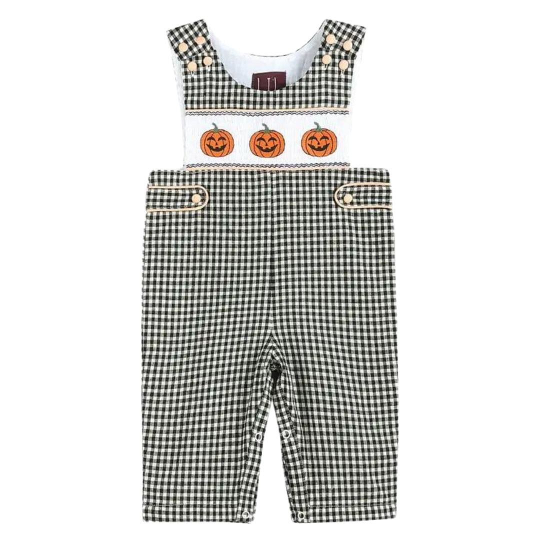 Black Gingham Pumpkin Smocked Overalls
