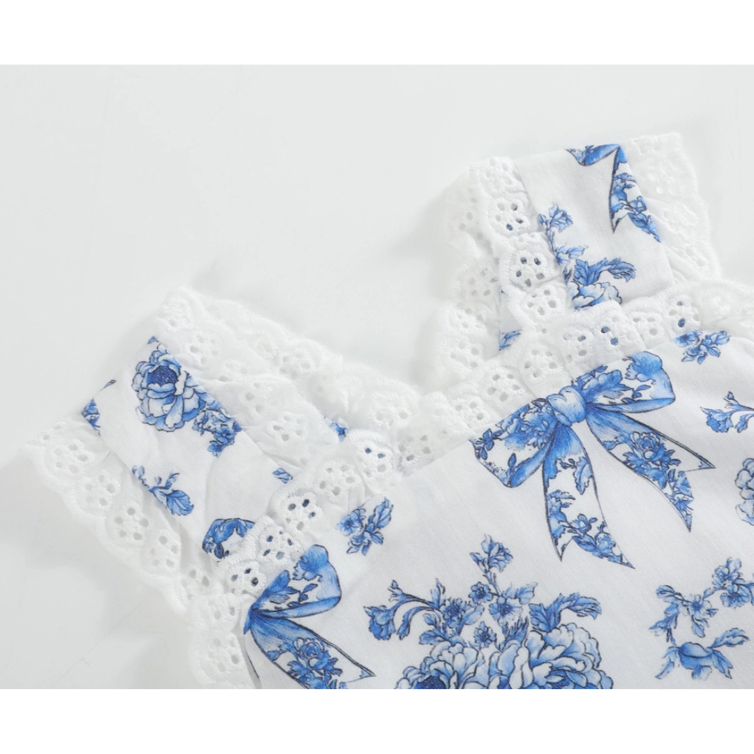 Blue and White Print Apron Ruffle Romper
