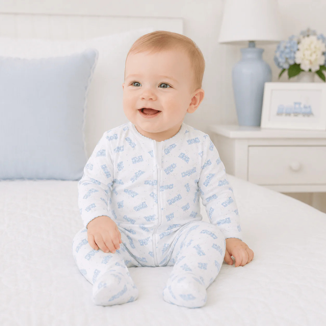 Choo Choo Train Light Blue Print Zip Footie